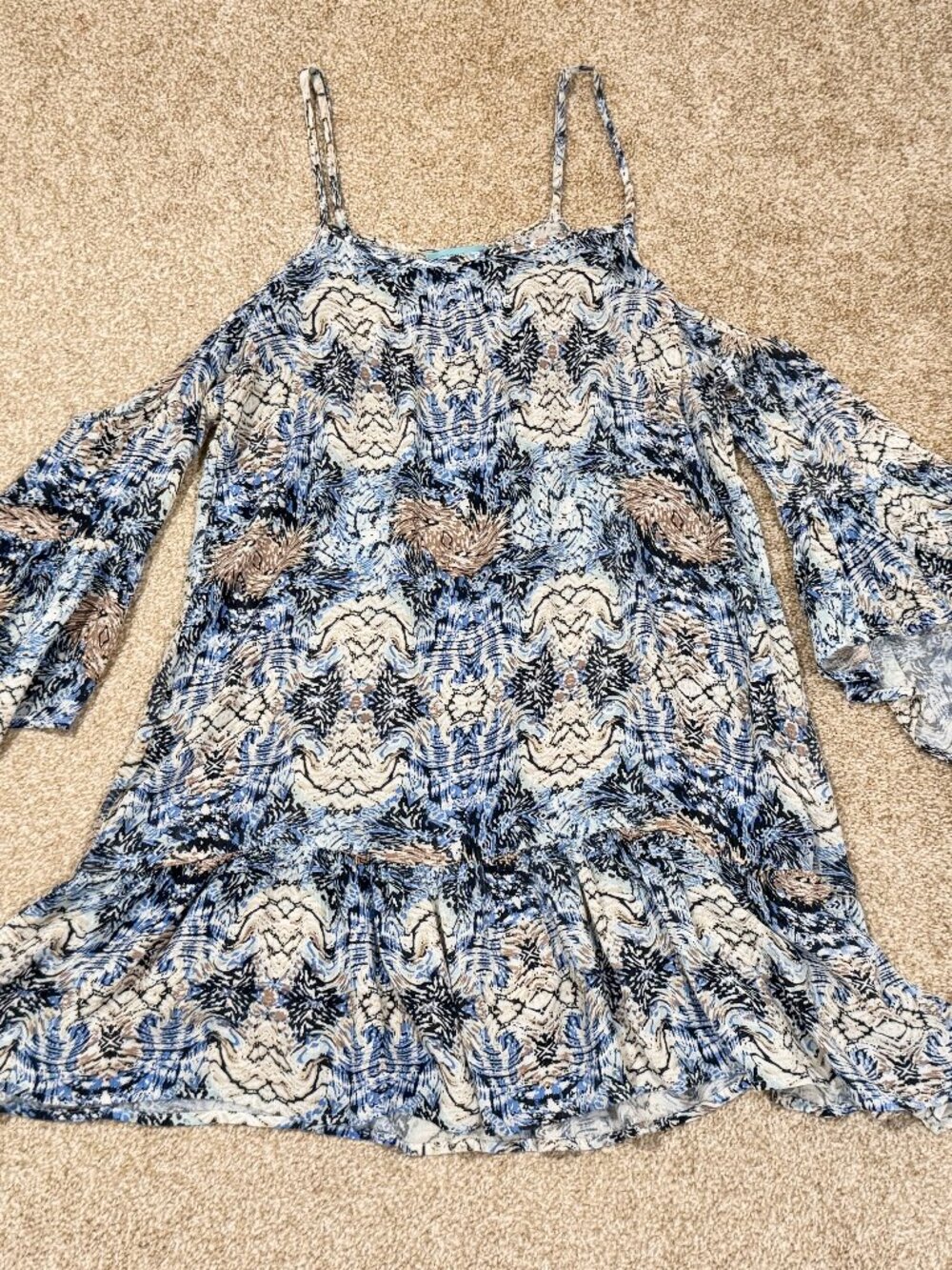 Womens Medium Ellen Weaver Boho Cold Shoulder Long Tunic or Dress Bell Sleeve